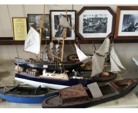 Ten wood model boats, some RC