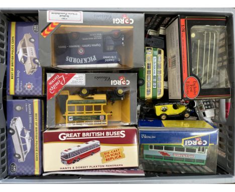 A box of various diecast model cars and other vehicles to include Corgi etc.