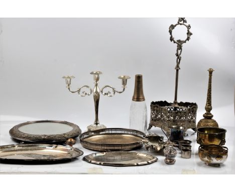 A collection of plated ware, to include a three tier candlestick, a cup, a butter dish, a wine bottle holder, a RONSON table 