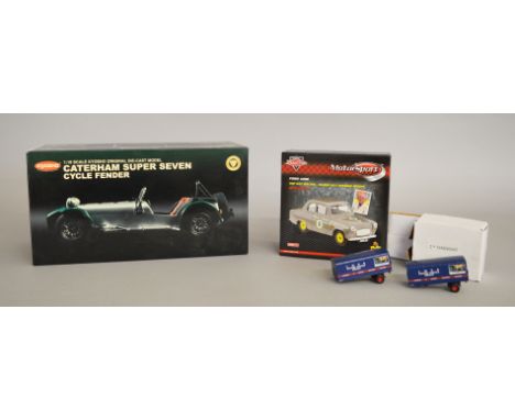 EX-SHOP STOCK: Kyosho 1:18 scale  Caterham Super Seven Cycle Fender diecast model in green, together with a Corgi Motorsport 