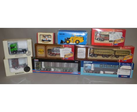 Nine diecast boxed models which includes; Three Corgi 1:50 scale Road Transport Heritage  AEC MKV 8 wheel sheeted platform lo