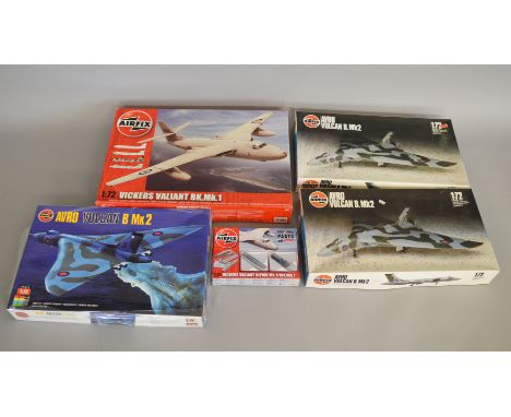 Three boxed Airfix Series 9 model kits of the iconic Avro Vulcan aircraft in 1:72 scale together with a boxed Airfix Vickers 