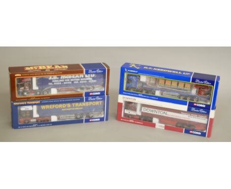 Four boxed Corgi 1:50 scale diecast model trucks, CC13216 DAF XF Wreford's Transport, CC13211 DAF XF Downton, CC11906 J.B. Mc