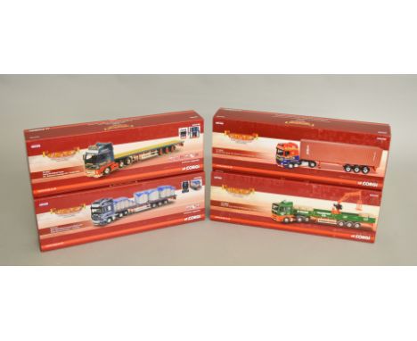 Four boxed Corgi 1:50 scale diecast model trucks from their 'Hauliers of Renown' range, CC13426 MAN Evans Transport, CC13240 