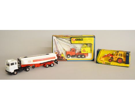 Two boxed Corgi Toys, 54 Massey Ferguson MF50B Tractor with Shovel and 1154 Mack-Priestman Crane Truck, models both appear VG