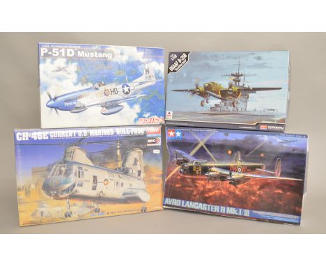 EX-SHOP STOCK: Four model kits which are in original boxes, VG, which includes; Avro Lancaster by Tamiya 1/48th scale 61105*6