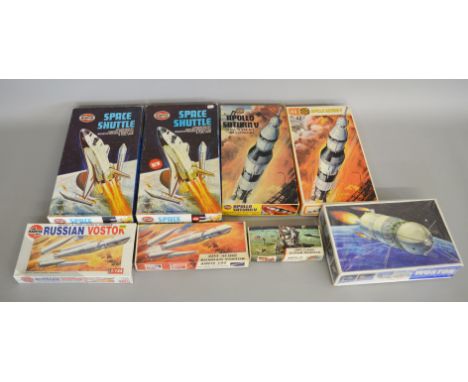 Eight 'Space' related model kits by Airfix, which includes; Space Shuttle x 2 (one of these has been started), Russian Vostok