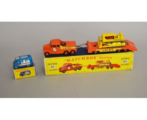 Two boxed vintage Lesney Matchbox diecast models - a K-8 Scammell Tractor with Trailer 'LAING' and Bulldozer Load, generally 