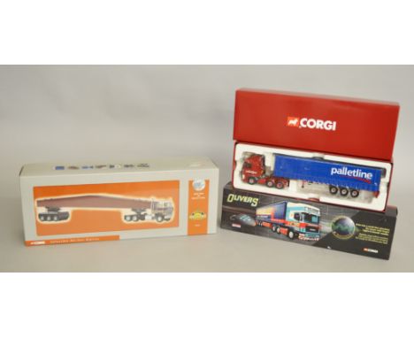 Three boxed Corgi 1:50 scale diecast model trucks, US51401 International Transtar with Girder Load, CC12937 Scania Topline Ol