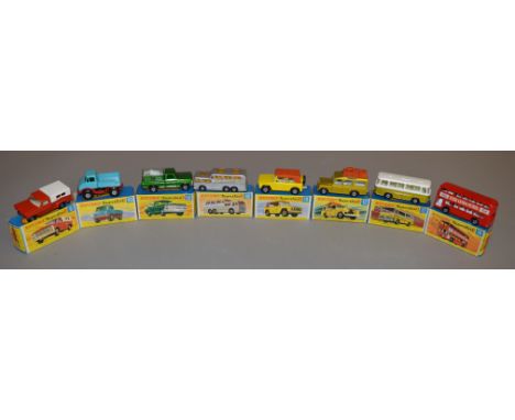 Eight boxed Matchbox Superfast diecast models; 6 Ford Pick-Up with green base, 12 Setra Coach, 12 Safari Land Rover, 18, 49, 