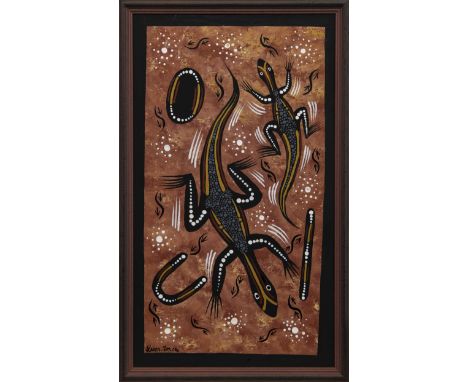 KAREN TAYLOR (AUSTRALIAN, 1967-) GOANNA DREAMING acrylic on canvas board 52cm x 30cm Framed Note; Karen Taylor is an Aborigin
