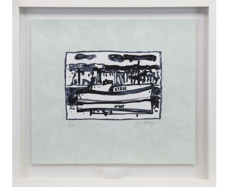 * JOHN BELLANY CBE RA HRSA (SCOTTISH 1942 - 2013), THE BOAT silkscreen print, signed in pencil 18cm x 25cm Mounted, framed an