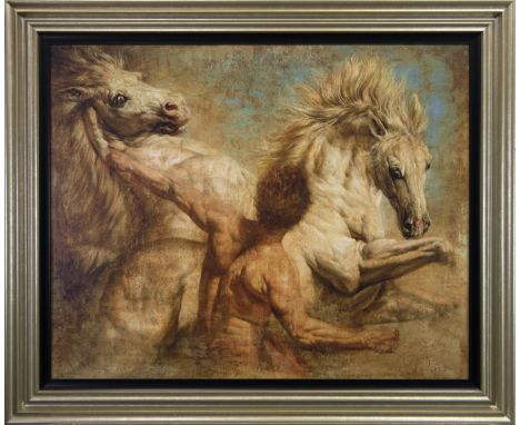 SCOTTISH CONTEMPORARY, THE HORSE TAMER print on canvas, signed indistinctly 82cm x 102cm Framed