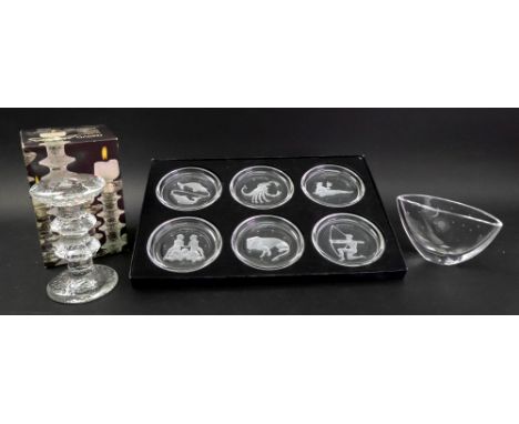 A boxed set of six Val St Lambert signs of the zodiac glass coasters, each 9cm diameter, a boxed Festivo 2665-120 iittala Fin