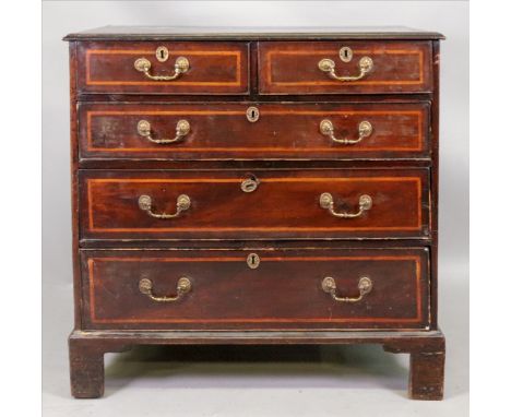 A George III mahogany boxwood banded chest, fitted with two short and three long drawers, on bracket feet, 94cm wide x 49cm d
