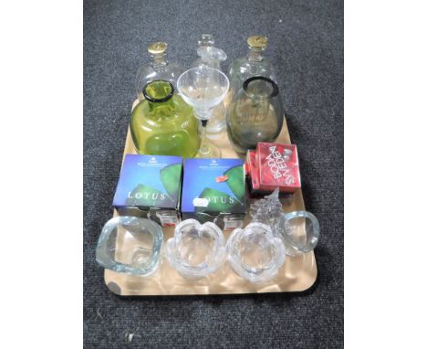 A tray of hand painted decanters, boxed Royal Copenhagen lotus bowls, tea light holders, Holmegaard vases etc 