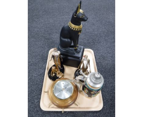 Three Franklin Mint figures together with a pewter lidded stein and a ships wheel barometer