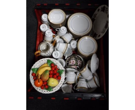 A crate and box containing assorted tea china and dinner ware, Noritake Signature Gold Service, Royal Standard china cups and