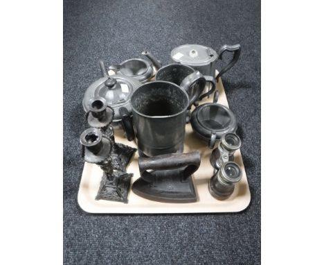 A tray of three piece Civic pewter tea service, plated teapot, flat iron, field glasses, tankards etc 