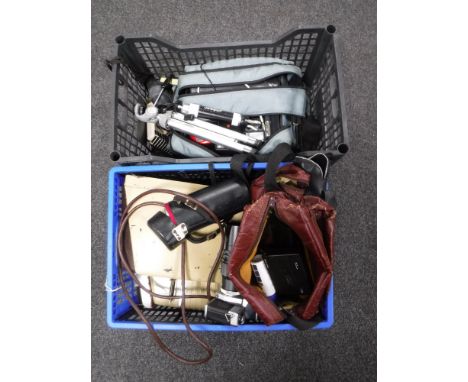 Two crates containing assorted cameras and camera equipment, projector etc