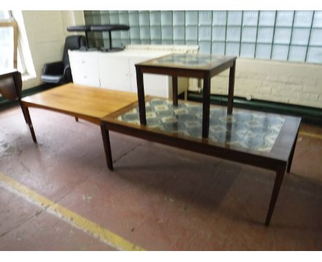 A tiled topped coffee table, lamp table and a further coffee table 