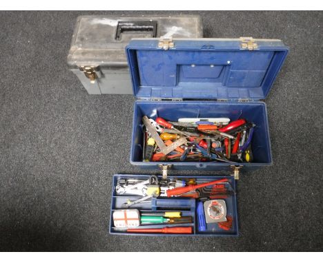 Two plastic tools boxes of hand tools and a holdall 