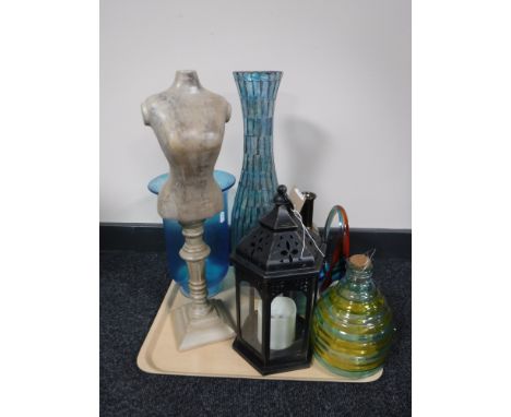 A tray of contemporary vases, hurricane lamp, ornamental mannequin on stand  