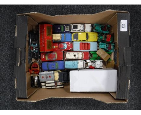 A box of play worn Dinky and Corgi to include Bat mobile, Chitty Chitty Bang Bang, Chipperfields animal cage etc 