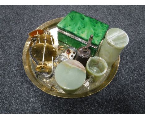 An Indian brass tray together with malachite style box, miniature grinder, ornaments etc 