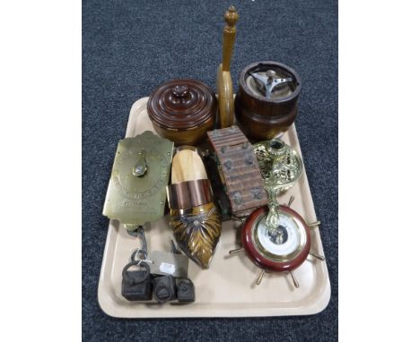 A tray of Salter's spring balance scale, wooden box and ashtray, copper and wood clog, ship's wheel barometer, brass candle h