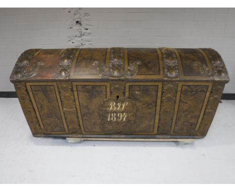 A 19th century hand painted shipping trunk with metal mounts 