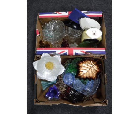 Two boxes of assorted glass ware including trinket sets, flower bowls, together with a set of kitchen scales