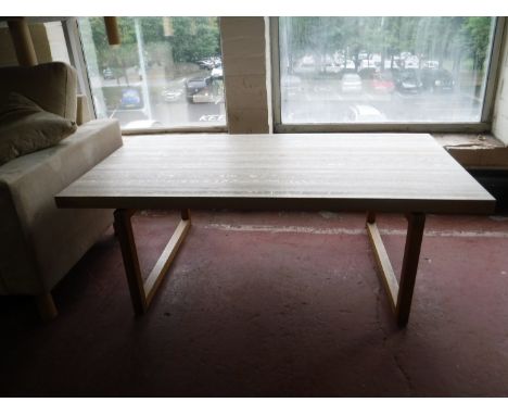 A pair of blonde oak square lamp tables and a pine coffee table 