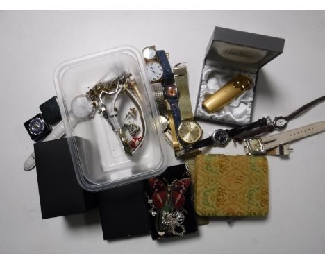 A collection of assorted wrist watches, costume jewellery, boxed lighter, nurse's badge 