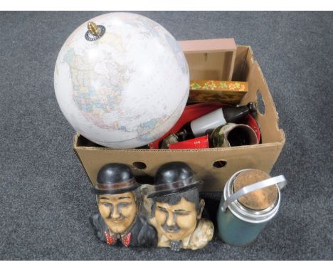 A box of globe on stand, pottery jug, brass ware, vintage flask etc