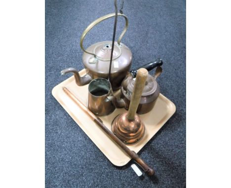 A tray of antique copper ware, two kettles, thermometer, cider jug and poss stick 