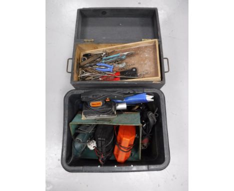 A plastic crate and a pine tool box containing assorted joinery tools, power tools etc