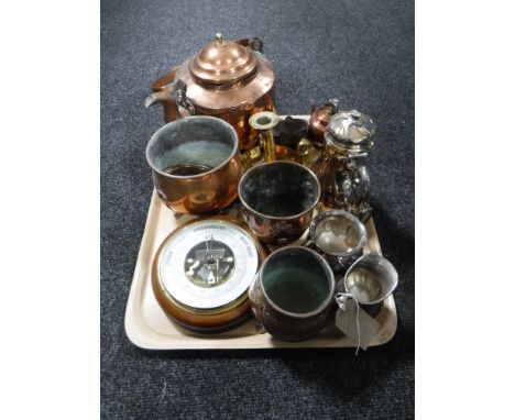 A tray of three piece silver plated tea service, barometer, antique copper ware, candlestick etc 