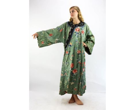 An antique green Kesi/Kossu Qing Dynasty Chinese silk Kimono embroidered in coloured fine silk thread depicting chrysanthemum