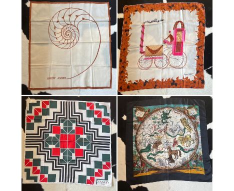 A collection of 10 good designer vintage silk scarves with labels including LORENZO DI CREDI, BACCARAT, HANAE MORI PARIS, HAR