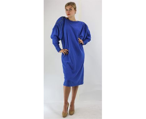 CHRISTIAN DIOR 1980s original vintage Italian made Angora mix royal blue evening/cocktail dress with shoulder pads, batwing s