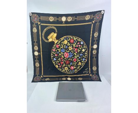 One boxed PATEK PHILLIPE silk scarf. 1989 Pocket watch design silk scarf 34" x 34" Made to commemorate the 150 year anniversa