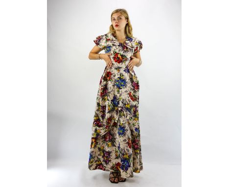 A rare good-sized 1930s-40s original long floral ballgown in bright colours. Short puffed sleeves, yoked neck with bow, half-