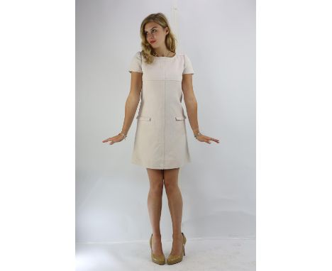 Addendum description. COURREGES PARIS 1960s original cream A-line silk-lined, heavy waffle-weave cotton shift dress,with wool