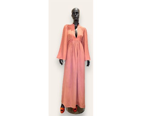 OSSIE CLARK for Radley early 1970s dusk-pink belted moss crepe-de-chine "Angel" maxi dress UK14 with wide sleeves. This lot c