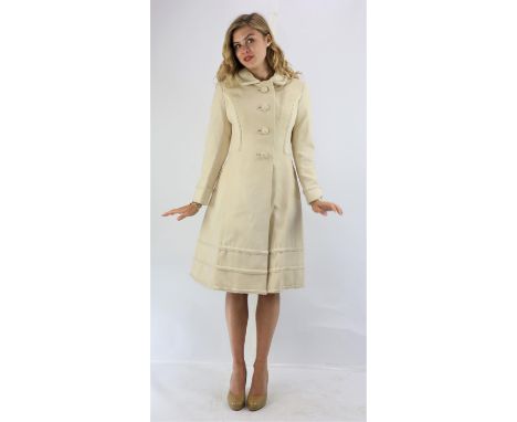 Addendum description. BELLVILLE ET CIE 1960s original cream wool, A-line satin-lined dress with single-breasted matching silk