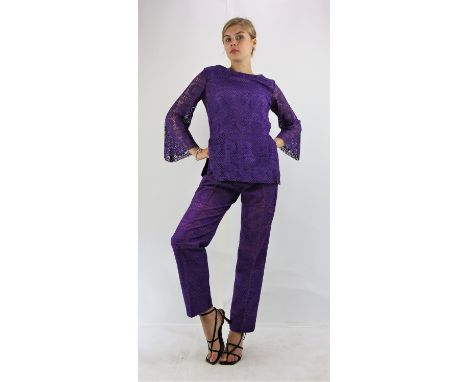 Vintage 1970s original SIMON MASSEY London for JANICE WAINWRIGHT silver lurex jumpsuit fits UK10 * 1960s original purple lace