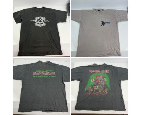 Seven original vintage Band T-shirts depicting H.I.M. (2005) ERIC CLAPTON, IRON MAIDEN (2), NIRVANA, THE DOORS, and DONNINGTO