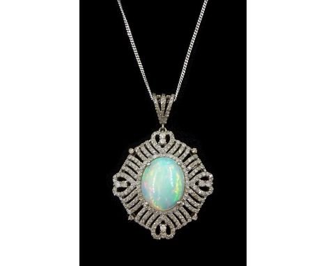 Silver opal and diamond pendant necklace , opal approx 5.20 carat, total diamond weight approx 2.05 caratCondition Report:App
