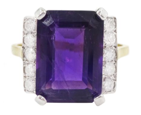 18ct gold amethyst and diamond ring, emerald cut amethyst, with five round brilliant cut diamonds set either side, hallmarked